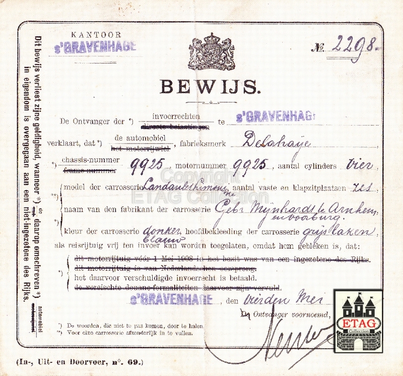 1916 Nationaliteitsbewijs Delahaye No: 2298