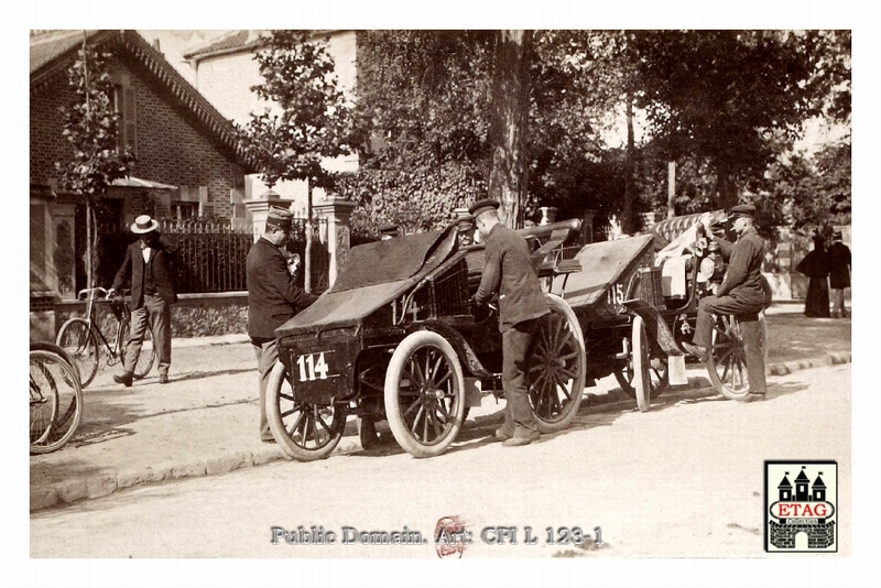 1898 Paris Amsterdam Panhard #114 #115. Controle Champigny