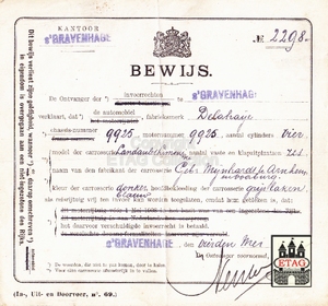 1916 Nationaliteitsbewijs Delahaye No: 2298