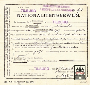 1925 Nationaliteitsbewijs Chevrolet No: 393